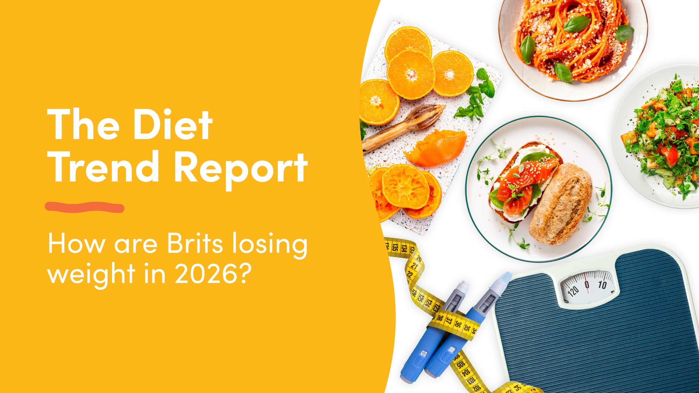 Prep Kitchen diet trend report cover image, with the subtitle “How are Brits losing weight in 2026?” alongside visuals of healthy meals, citrus fruits, a weighing scale, measuring tape, and insulin pens.